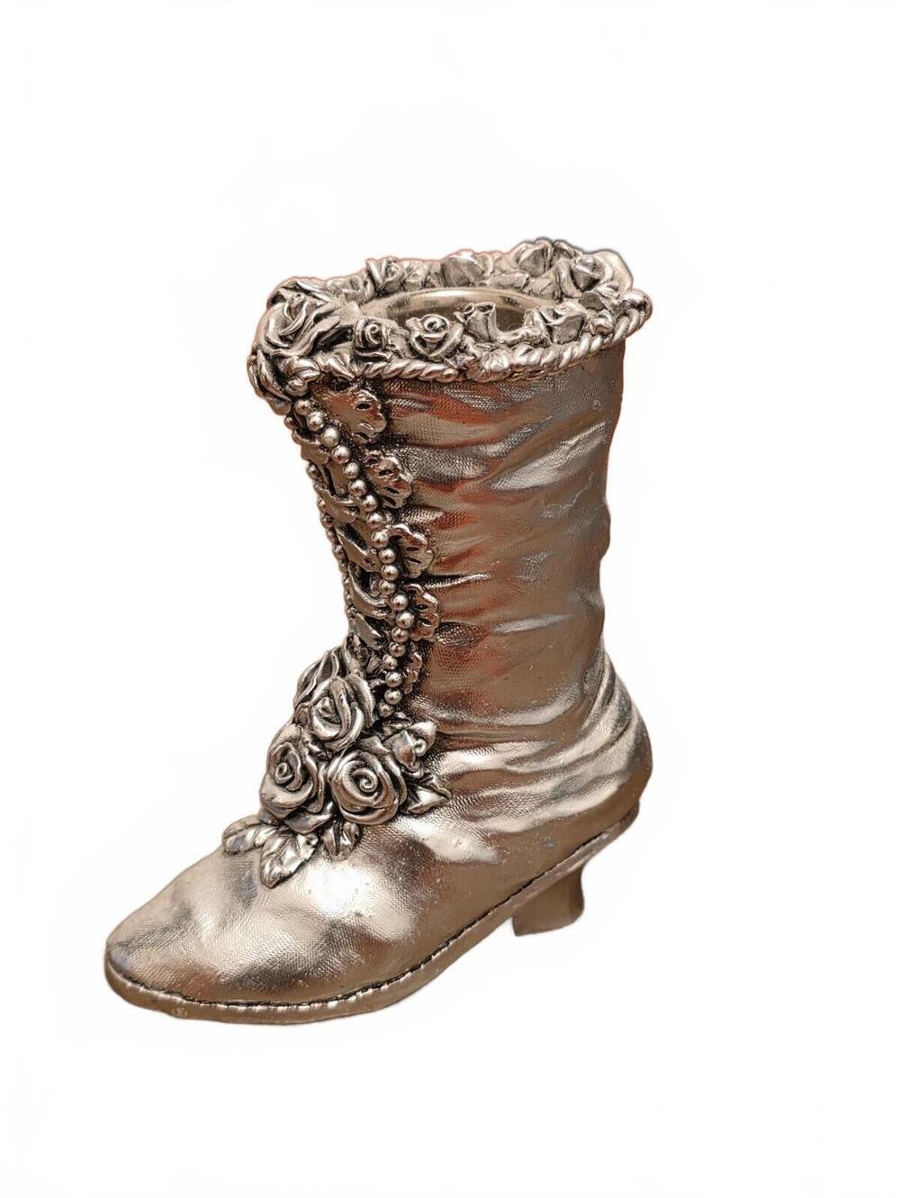 Vintage Ornate Silver-Tone Victorian Boot Figurine Candle Holder